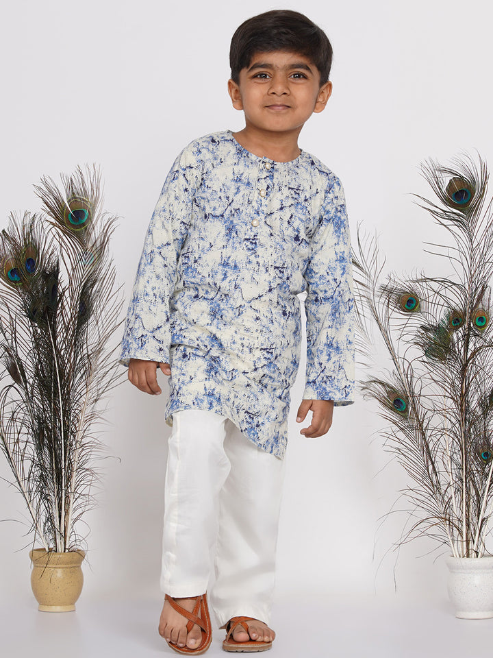 Boys Marble Print Kurta with Pant - Blue & Cream - Little Bansi