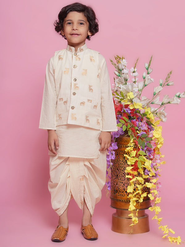 Cotton Sleevelees Golden Deer Embrodiery Nehru Jacket with Kurta and Dhoti - Cream