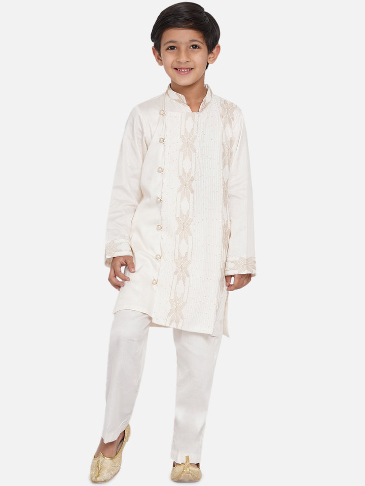 Boys White Embroidery Sherwani with Pant made of Silk - Little Bansi