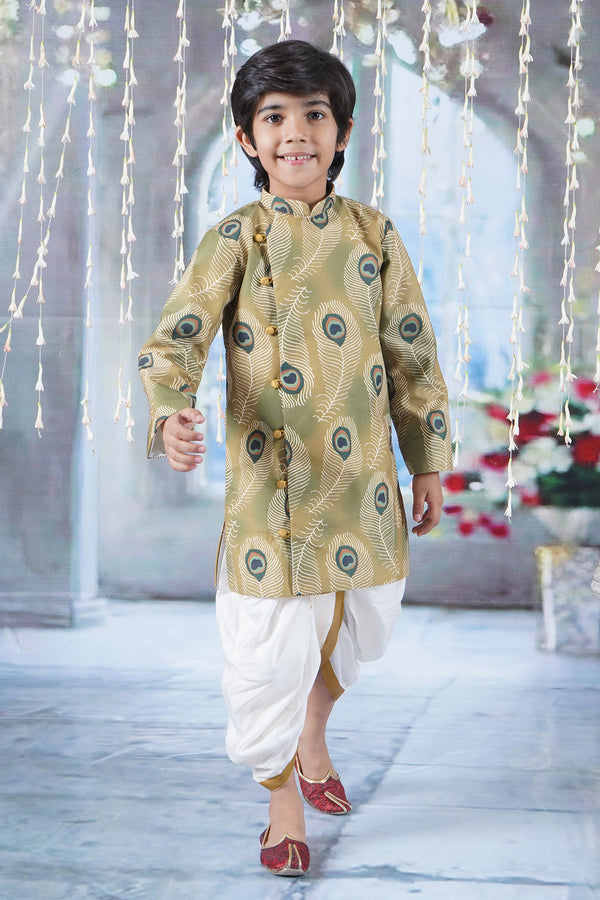 Little Bansi Boys Cotton Full Sleeves Peacock Feather Sherwani with Dhoti -Mustard Yellow
