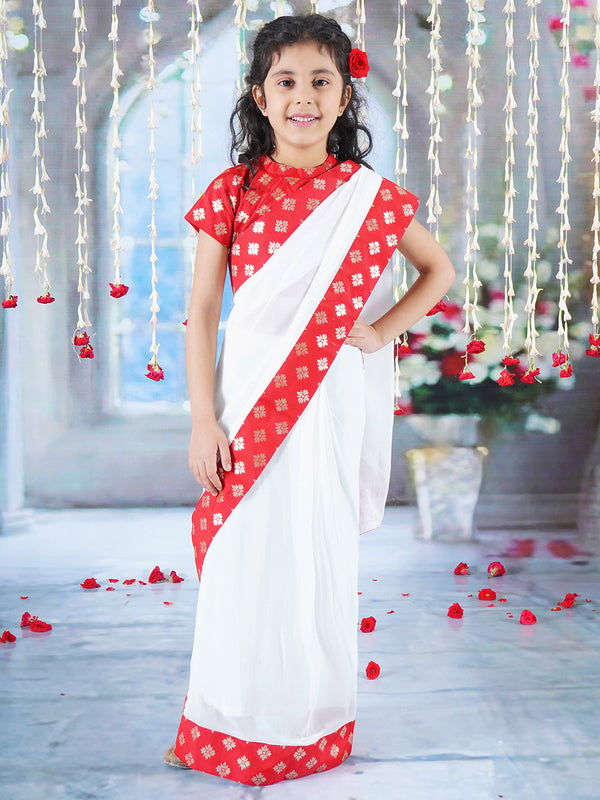 Red Floral Brocade Blouse with Ready to wear Saree - White