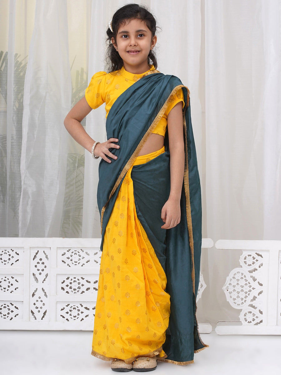 Cotton Floral Embroidery Ready to wear Blouse with Ready to wear Chanderi Saree - Casal & Yellow