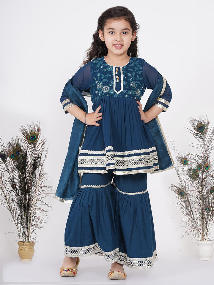 Girls jaipuri Lacework Kurta frock with Sharara and Dupatta - Nighttime Blue - Little Bansi