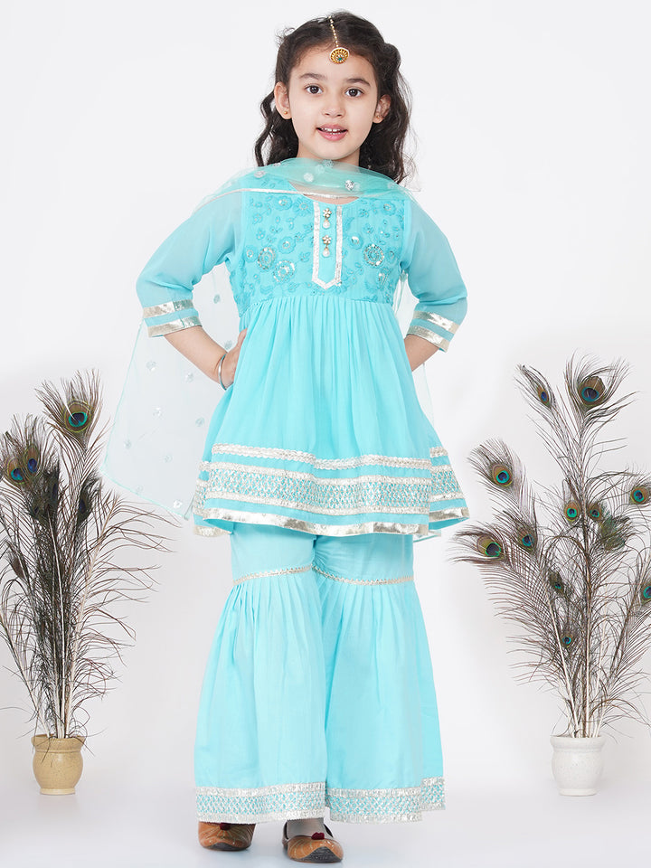Girls Gotta Patti work Kurta frock with Sharara and Dupatta - Sky Blue - Little Bansi