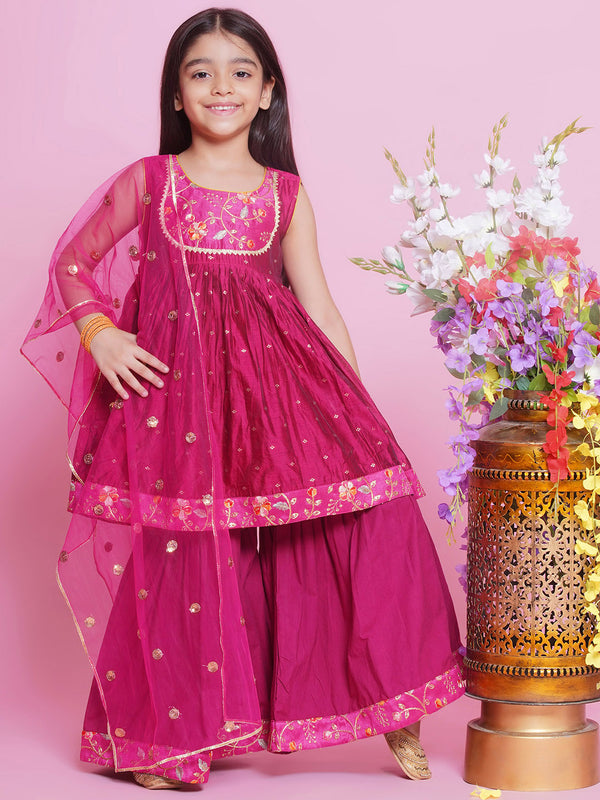 Chanderi Silk Sleeveless Floral & Zari Embrodiery Kurta Frock with Sharara and Dupatta  - Hot Pink