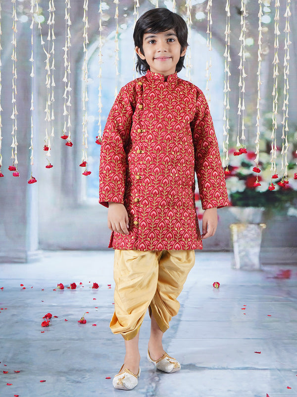 Boys Bageecha Floral Thread work Angrakha Sherwani with Beige Silk Dhoti in Cherry Red
