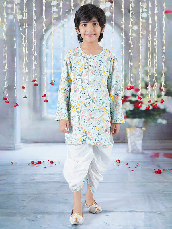 Boys Cotton Full Sleeves Kurta Dhoti with Floral Brush Print and Pearl Buttons - Sky Blue - Little Bansi