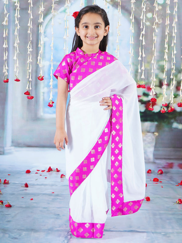 Magenta Floral Brocade Blouse with Ready to wear Saree - White