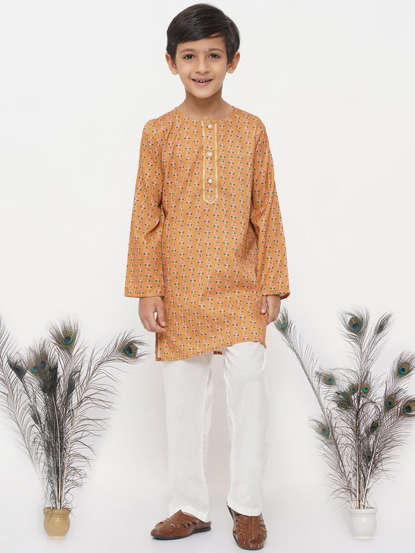 Boys  Cotton Silk Floral Kurta with Pearl Buttons and Pyjama - Little Bansi