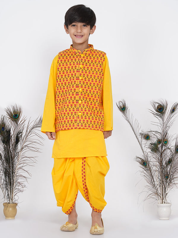 Boys Floral Jacket with Kurta and Dhoti in Yellow - Little Bansi