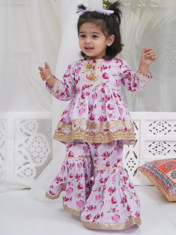 Girls Lavender Cotton Lotus Lacework Kurta Sharara Set