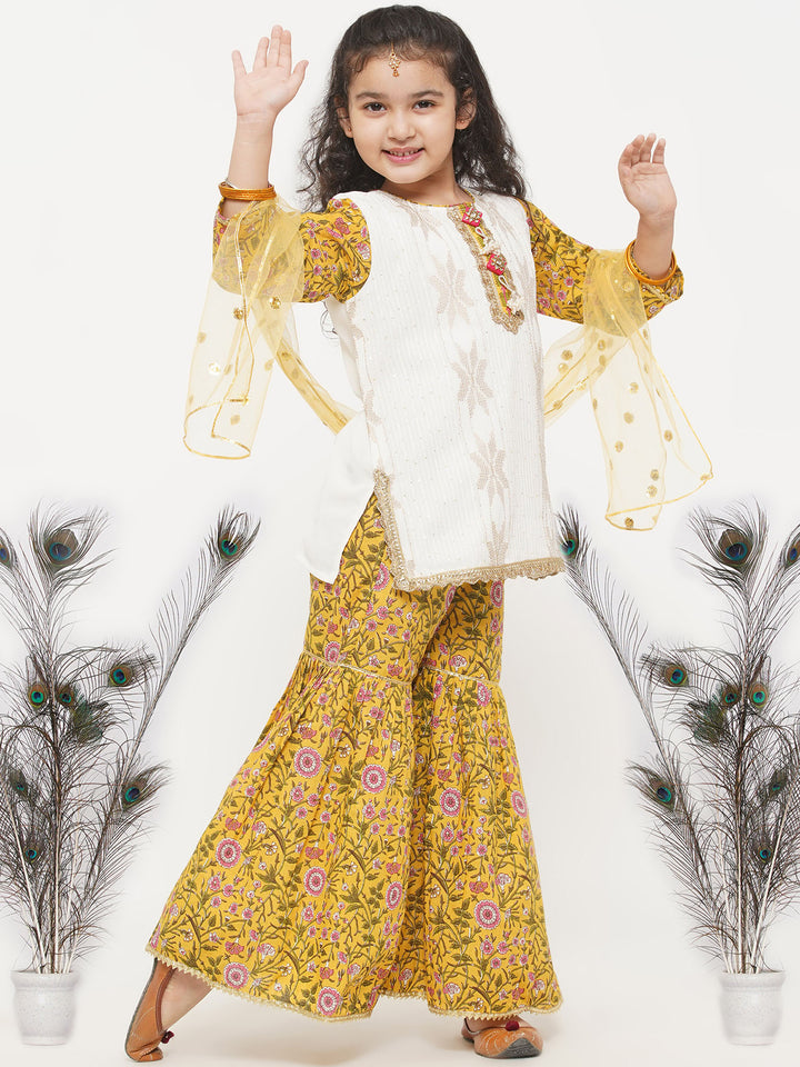 Girls Taj Embroidery Kurta with Tussel work and floral sharara with Dupatta - Little Bansi