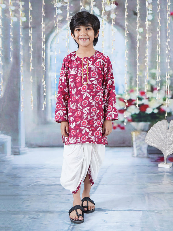 Boys Cotton Full Sleeves Kurta Dhoti with Floral Print and Pearl Buttons - Mahroon and Cream