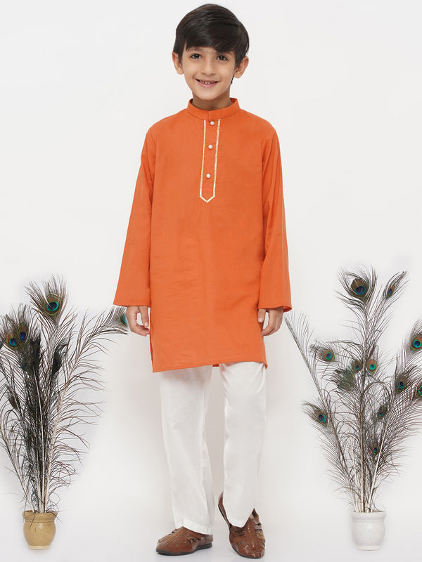 Boys Cotton Kesari Kurta with Pearl Buttons and Pyjama - Little Bansi