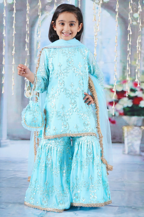 Girls Cotton Candy Blue Kurta with Irish Thread and Sequin work Embroidery with Sharara, Dupatta and Potli - Little Bansi