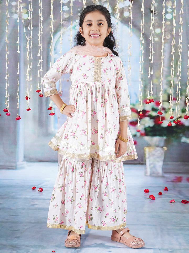 Girls Cotton Three Fourth Sleeves Kurta Sharara and Dupatta with Floral Print, Lace & Ghungroo work - Beige Pink - Little Bansi