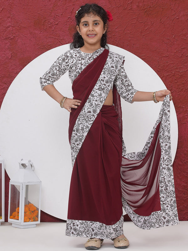 Mehendi Floral Ready to wear Blouse with Ready to wear Georgette Saree - Maroon