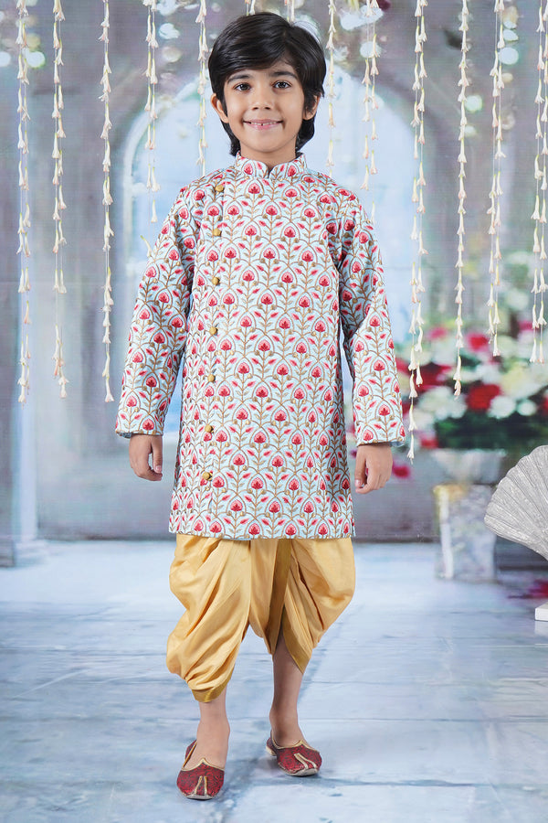 Little Bansi Boys Bageecha Floral Thread work Angrakha Sherwani with Beige Silk Dhoti