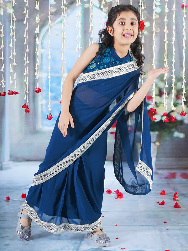 Girls Cotton Sleeveless Floral Embroidery Ready to wear Blouse with Ready to wear Georgette Saree - Blue - Little Bansi