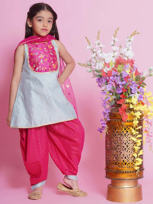 Little Bansi Girls Cotton Silk Sleevelesss Kurta with  Dhoti Salwar and Dupatta with Floral Embroidery - Dolphin Green