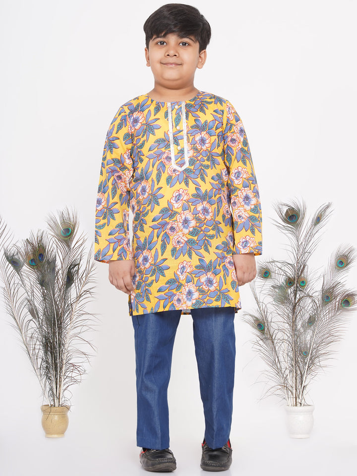 Boys Floral Kurta with Denim Pants in Yellow - Little Bansi