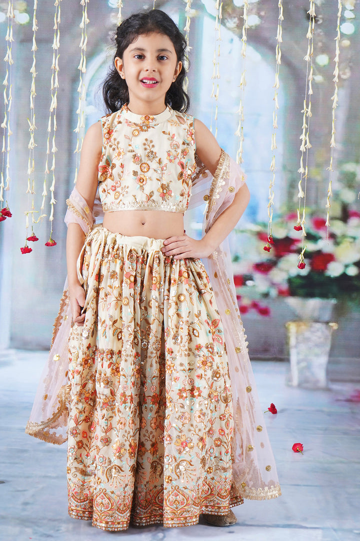 Girls Floral Embrodiery Lehenga with Blouse and Lacework Dupatta - Little Bansi