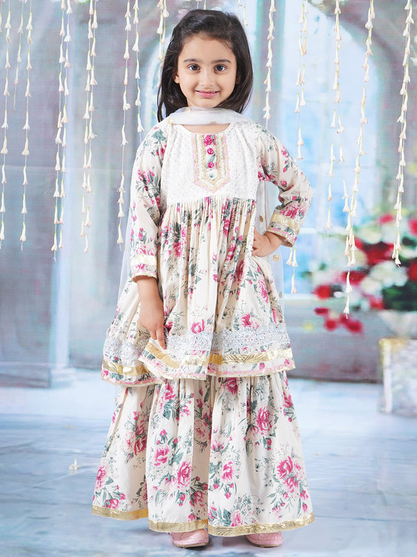 Girls Cotton Three Fourth Sleeves Kurta Sharara and Dupatta with Floral Print, Lace work & Rajasthani Lac Buttons - Cream