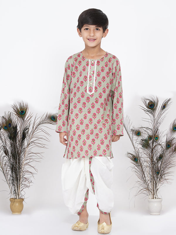 Boys Floral Kurta with Pearl Buttons and Dhoti in Green and Cream - Little Bansi