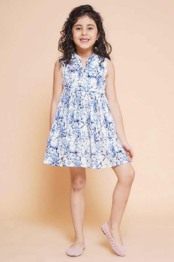 Little Bansi Girls Cotton Sleeveless Marble Frock with Pearl and Butterflies Detailing- Blue