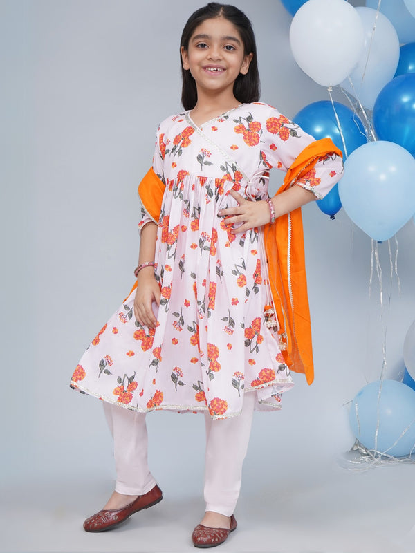 Girls Baby Pink Muslin Marigold Angrakha Kurta Pyjami Set with Dupatta