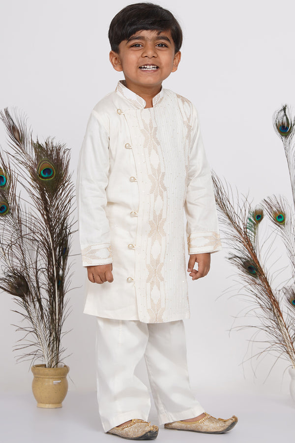 Boys White Embroidery Sherwani with Pant made of Silk - Little Bansi