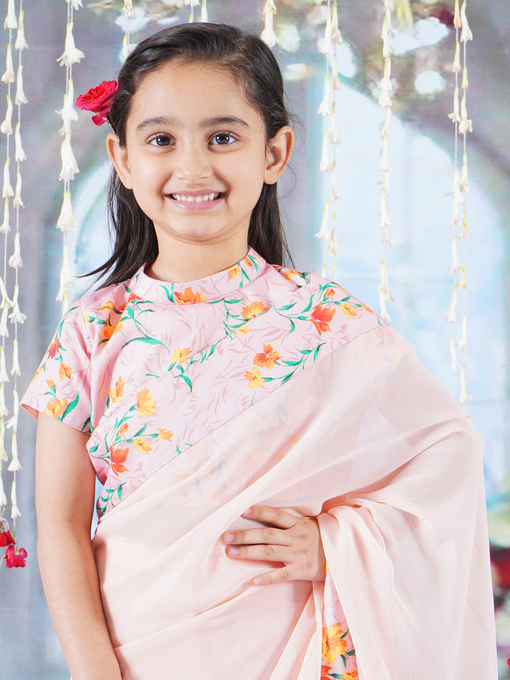 Girls Cotton Short Sleeves Ready to wear Blouse with Floral Print and Ready to wear Georgette Saree - Peach - Little Bansi