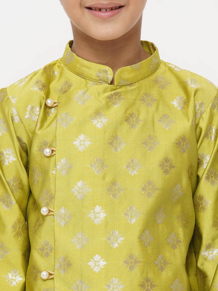 Boys Banarsi Silk Sherwani with Pyjama - Green - Little Bansi