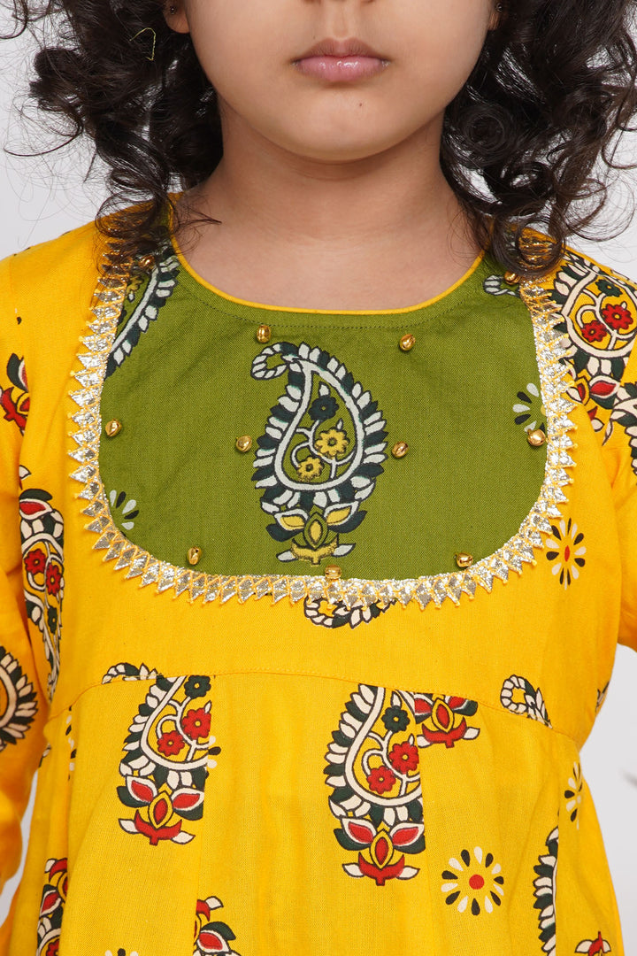 Girls Cotton Floral Jaipuri Kurta with Gunghroo work, Frill Sharara, and Dupatta - Little Bansi