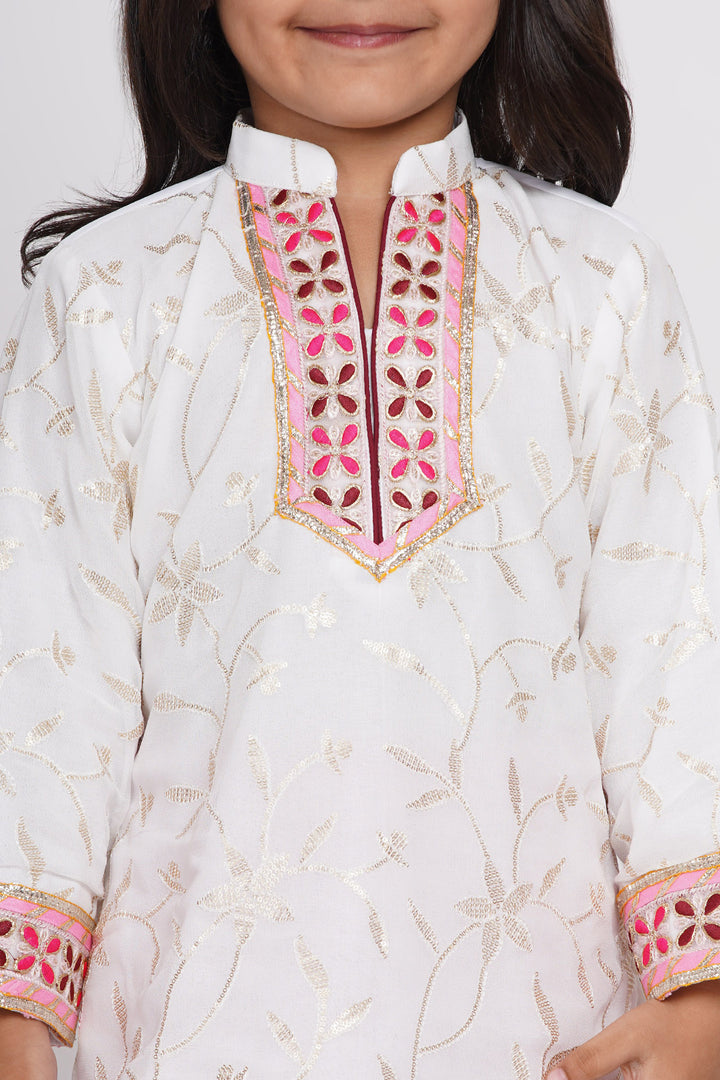 Girls Bengali Embroidery Lacework Kurta with Sharara & Dupatta in White & Pink - Little Bansi