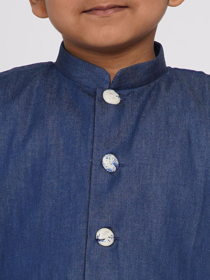 Boys Denim Nehru Jacket with Marble Kurta and Denim Pants - Denim Blue - Little Bansi
