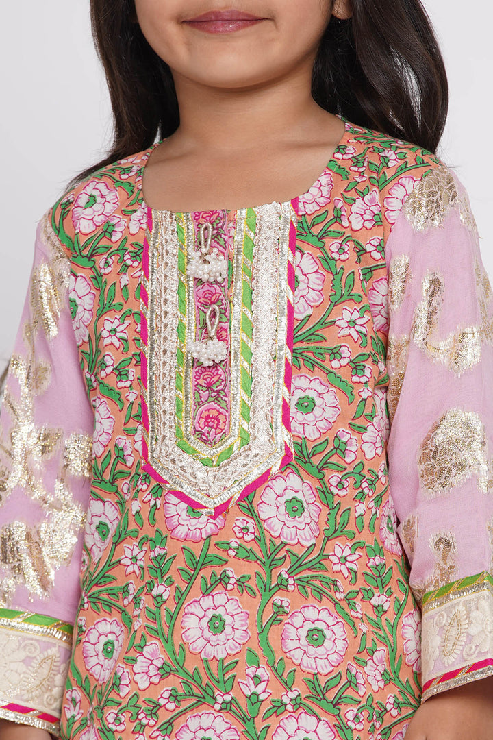 Girls Bengali Lace work Floral Kurta with Embellished Sharara & Duppata in Pink - Little Bansi