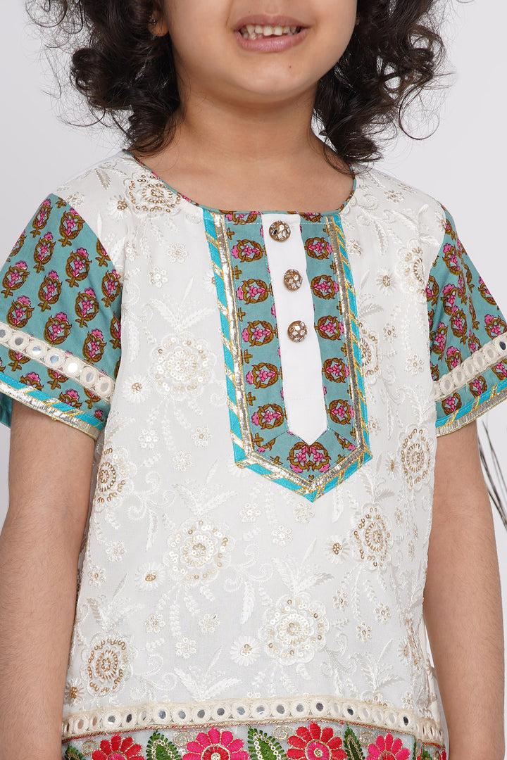 Girls Cotton Floral Embroidery Kurta with Kali Work Lehenga and Tussel work - Little Bansi