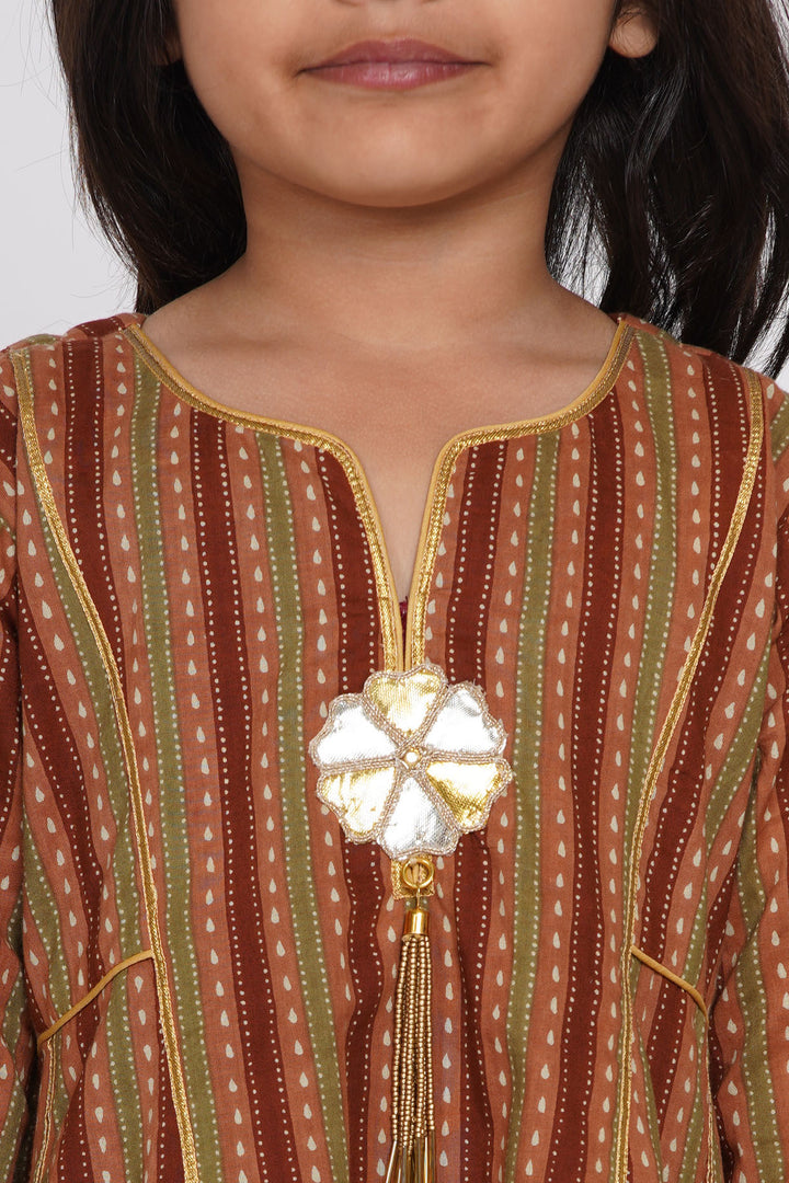 Girls Cotton Jaipuri Princecut Kurta frock with Sharara and Dupatta - Little Bansi