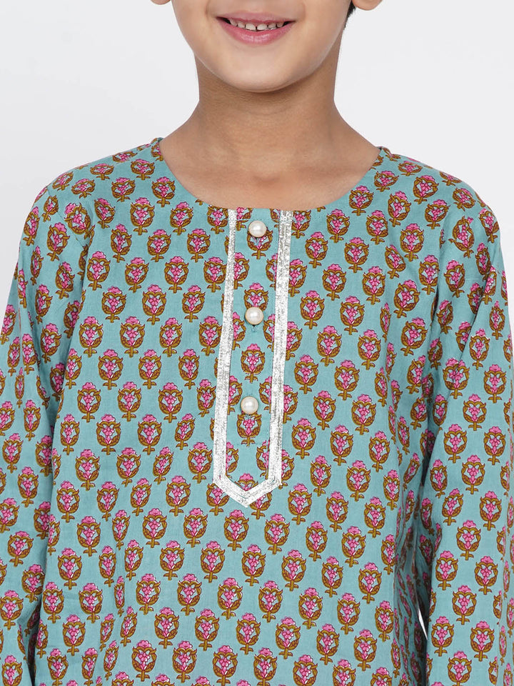 Boys Floral Kurta with Pearl Buttons and Dhoti in Blue and Pink - Little Bansi