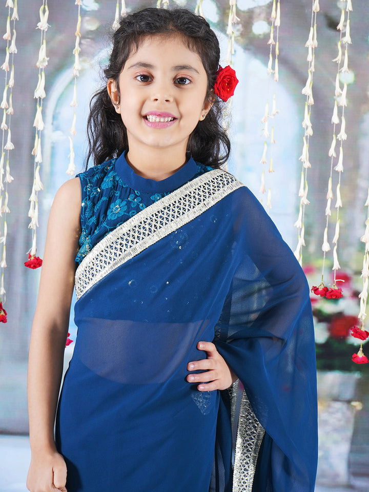 Girls Cotton Sleeveless Floral Embroidery Ready to wear Blouse with Ready to wear Georgette Saree - Blue - Little Bansi