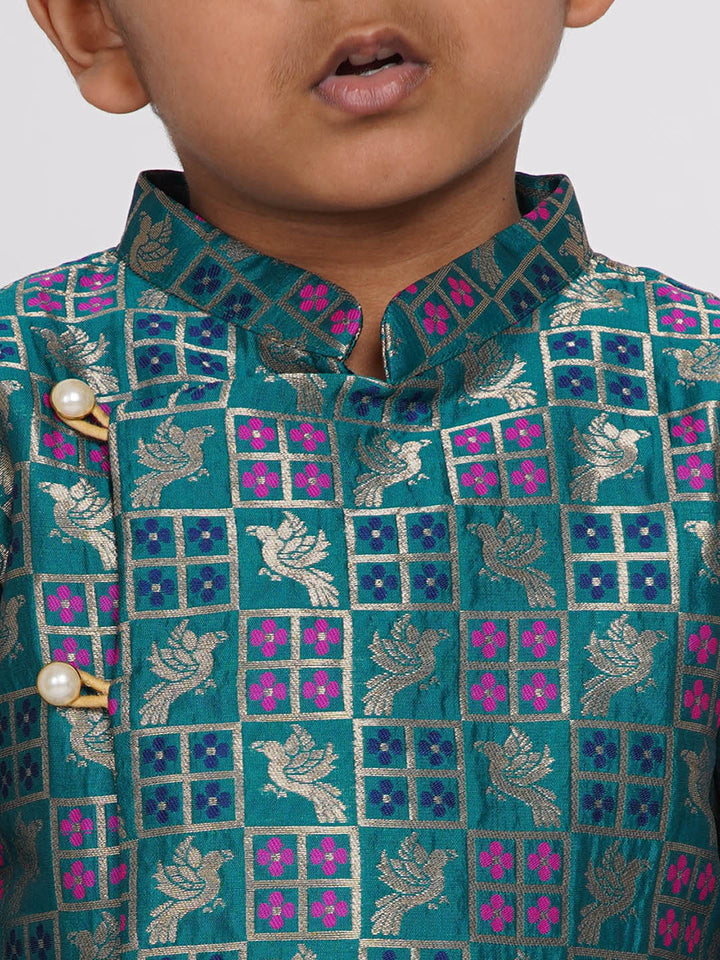 Boys Peacock Banarsi Sherwani with Pyjama - Peacock Green and Beige - Little Bansi