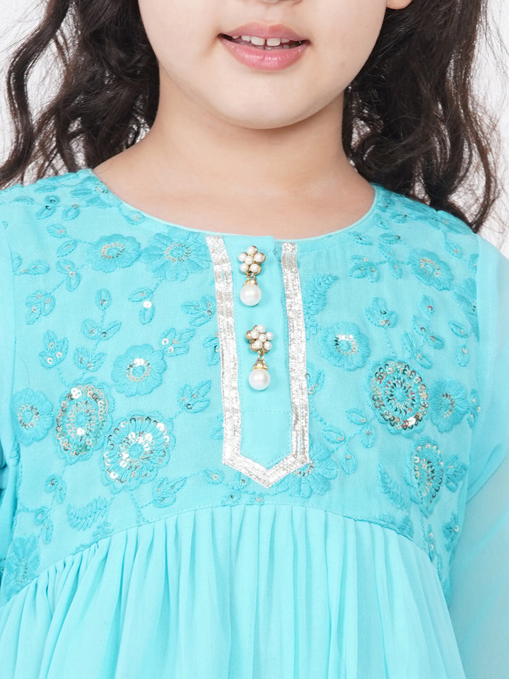 Girls Gotta Patti work Kurta frock with Sharara and Dupatta - Sky Blue - Little Bansi