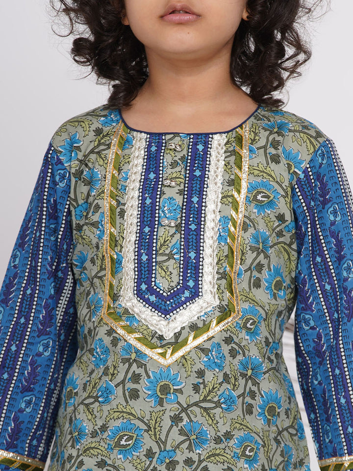 Girls Lacework Floral Kurta with Sharara and Dupatta in Indigo Blue and Green - Little Bansi