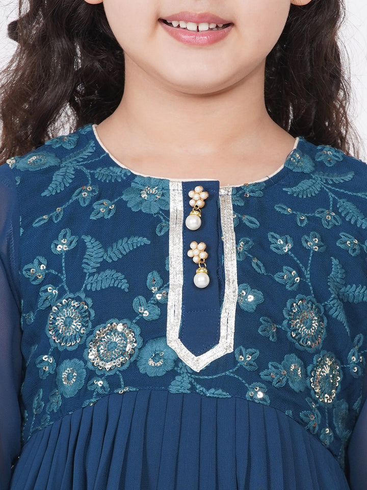 Girls jaipuri Lacework Kurta frock with Sharara and Dupatta - Nighttime Blue - Little Bansi