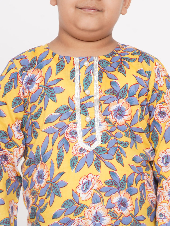 Boys Floral Kurta with Denim Pants in Yellow - Little Bansi