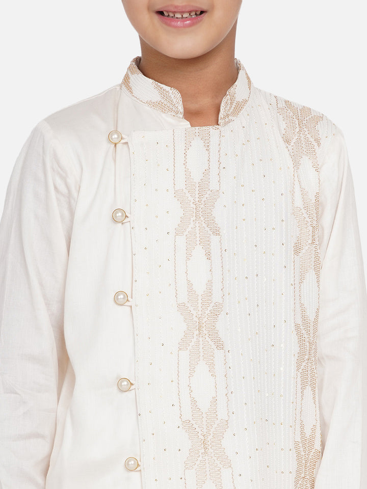 Boys White Embroidery Sherwani with Pant made of Silk - Little Bansi