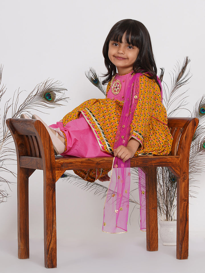 Girls Jaipuri Print Kurta Frock with Salwar in Yellow & Pink - Little Bansi