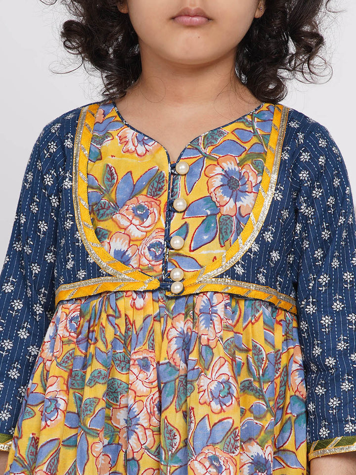 Girls Floral Kurta with Indigo Floral Jacket with Sharara and Dupatta in Blue & Yellow - Little Bansi
