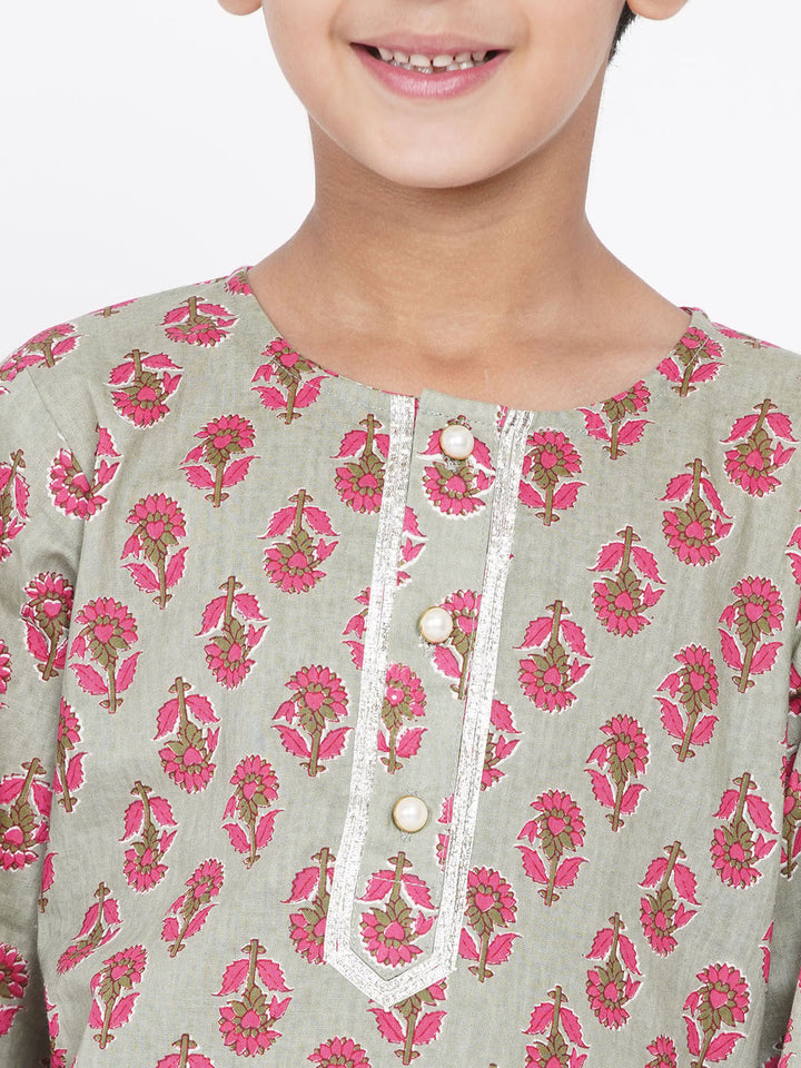 Boys Floral Kurta with Pearl Buttons and Dhoti in Green and Cream - Little Bansi